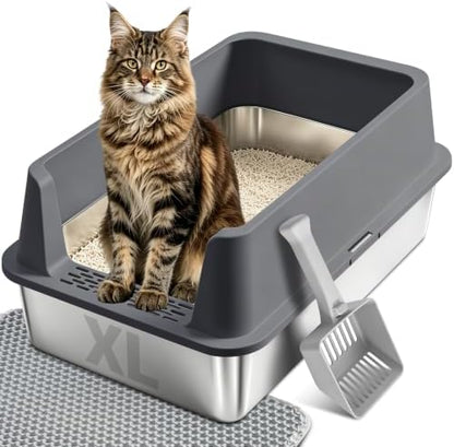 Stainless Steel Litter Box, XL Metal Litter Box with High Sides Lid, Extra Large Cat Litter Boxes for Big Cats, Anti-Urine Leakage, Never Absorbs Odors, Easy Cleaning, Non-Stick, Include Scoop and Mat by Futam