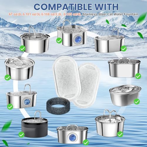 Cat Water Fountain Filter, 4 Pcs Cat Filters Replacement Pet Water Fountain Filters with 4 Pcs Sponges Foam for 67oz/2L & 108oz/3.2L Stainless Steel Automatic Cat Water Fountain Dispenser Filters - Image 2