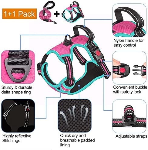 tobeDRI No Pull Dog Harness Adjustable Reflective Oxford Easy Control Medium Large Dog Harness with A Free Heavy Duty 5ft Dog Leash, Pink/Blue, XL - Image 3