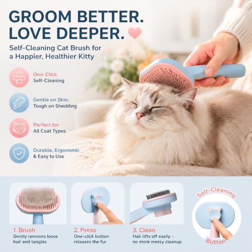 Cat Deshedding Tool, Self Cleaning Cat Deshedder, Medium & Long Hair, Blue - Image 2