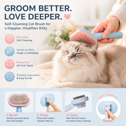 Cat Deshedding Tool, Self Cleaning Cat Deshedder, Medium & Long Hair, Blue - Image 2