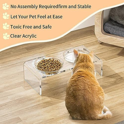 Acrylic Pet Feeder Stand Set for Food Water with 2 Set Glass & Plastic Bowls, Raised Dishes Rack Suitable for Puppies, Kittens and Small Dogs, Clear - Image 2