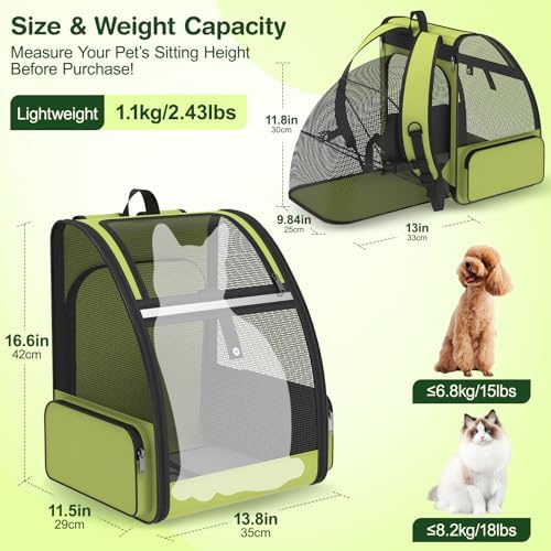 Cat Backpack Carrier for Travel Hiking: Expandable Foldable Breathable Mesh Soft Sided Ergonomic Design Small Dog Puppy Kitty up to 15lbs Camping Outdoor Green - Image 6