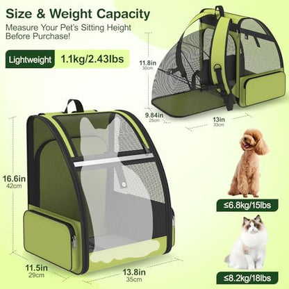 Cat Backpack Carrier for Travel Hiking: Expandable Foldable Breathable Mesh Soft Sided Ergonomic Design Small Dog Puppy Kitty up to 15lbs Camping Outdoor Green - Image 6