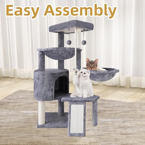 Three Layer Cat Tree with Cat Condo and Two Hammocks,Grey - Image 5