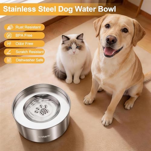 304 Stainless Steel Dog Water Bowl No Spill, 101oz/3L Large Capacity Pet Water Dispenser with Floating Disk, Non-Slip Slow Drink Feeder for Cat, Anti-Gulping & Splash Proof for Travel, Car & Home - Image 5