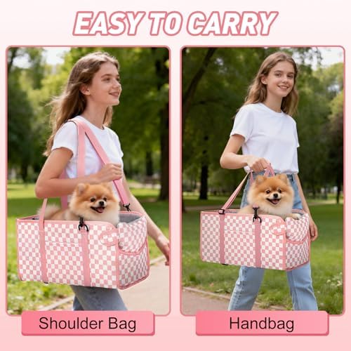 Console Dog Car Seat for Small Dogs, Foldable Booster Seat, Pink Checkered - Image 7