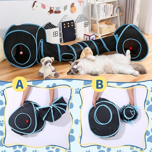 Pet Cat Tunnel, Tunnel Tent Set Tunnels for Indoor Cats, Collapsible Pet Tunnel for Kitten, Puppy, Rabbit, 25cm-Wide Tunnels, Durable & Breathable, with Peek Hole Toy Ball - Image 4