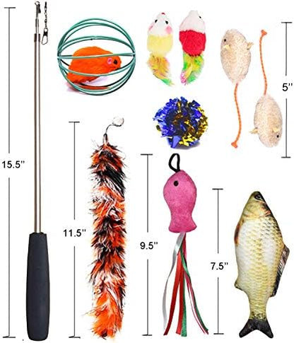 Cat Toys Set, Cat Retractable Teaser Wand, Catnip Fish, Interactive Cat Feather Toy, Mylar Crincle Balls, Two Cotton Mice, Four Fluffy Mouse - Image 6