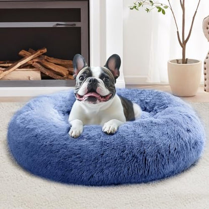 JOLLYVOGUE Calming Dog Bed Medium Size Dog, 31in Donut Washable Medium Pet Bed, Anti-Slip & Anti-Anxiety Fluffy Faux Fur Round Dogs Bed, Fits up to 45 lbs Pets (Navy Blue) by JOLLYVOGUE
