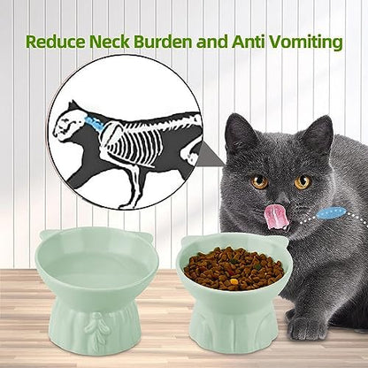 Elevated Cat Bowls 2-Pack, Ceramic Raised Cat Food & Water Dishes - Extra Wide & Shallow Whisker-Friendly Design, Anti-Vomit & Easy Digestion, Lead/Cadmium-Free, Microwave & Dishwasher Safe (Green) - Image 3