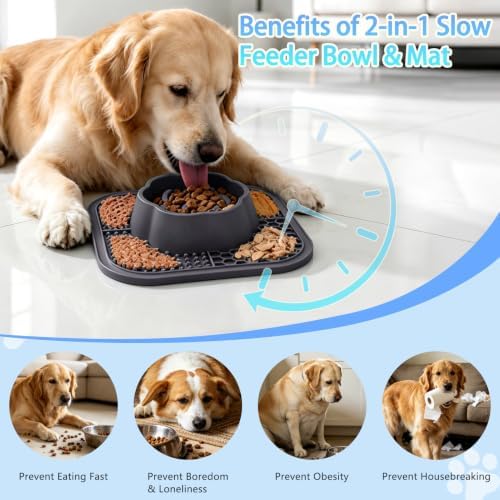 Slow Feeder Dog Bowls and Lick Mat for Dogs, Non-Slip Dog Bowl for Wet and Dry Food with Suction Cups for Slow Feeding & Anxiety Relief for Small to Large Dogs and Cats Gray - Image 2