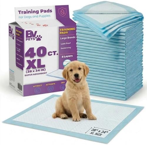 BV Puppy Pads XL 40 Count 34"x28" - Leak-Proof Pee Pads for Dogs with 6-Layer Design, Rapid Dry Sheet & Attractant - Dog Pad Extra Large with Odor Control - Perfect for Big Dogs & Indoor Use by BV