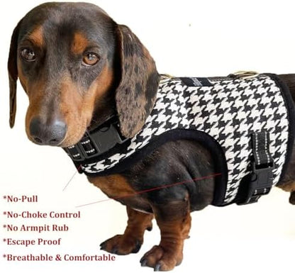 Dog Harness for Mini Dachshund, Houndstooth Rub-Free Dachshund Harness Vest, No Pull & Escape Proof, No Armpit Rub, Reflective Adjustable Dog Harness (Black, XS: Chest 25-31cm (10"-12")) - Image 4