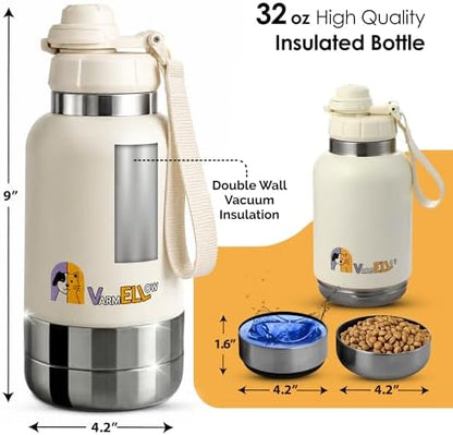 Dog Water Bottle Portable (32Oz) Double-Wall Insulated Stainless Steel with 2 Removable Bowls - Leak-Proof Dog Travel Water Bottle with One-Hand Open Lid for Walking, Hiking & Travel (White) - Image 4