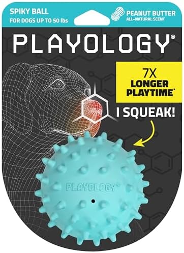 Playology Spiky Chew Ball Dog Toy with Squeak - Medium, Peanut Butter Scent by Playology