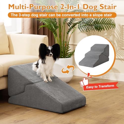 Ahpmeoa Dog Stairs for Small Dogs 16’’ H, 3-Step Dog Steps for Bed, Grey - Image 2