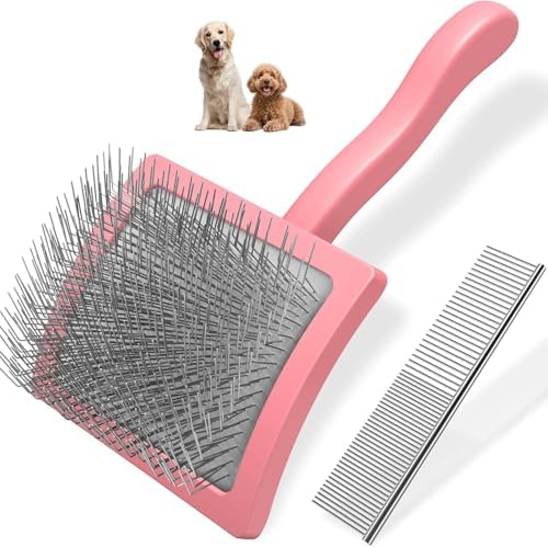 2PCS Slicker Brush for Dogs & Pet Comb,Professional Dog Grooming Brush (Goldendoodles,Poodles,Labradoodles) with Extra Long Pins to Effectively Remove Tangles, Knots and Mats (Light Pink, Large) by Unknown