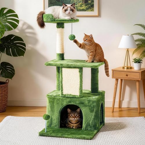 32.8inch Small Cat Tree Tower Condo for Indoor Cats, Soft Plush Multi-Level Climbing Tree Cat House with Cat Cave, Scratching Post, Sisal Rope, Green - Image 7