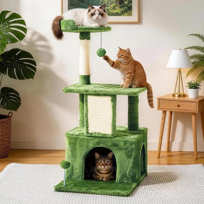 32.8inch Small Cat Tree Tower Condo for Indoor Cats, Soft Plush Multi-Level Climbing Tree Cat House with Cat Cave, Scratching Post, Sisal Rope, Green - Image 7