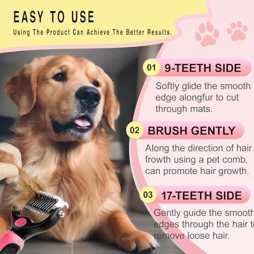 Pet Grooming Rake for Dogs & Cats - Double-Sided Deshedding and Dematting Tool, Gently Remove 95% of Loose Undercoat & Mats for Long-Haired Pets, Painless Fur Brush for Shedding Control (Pink) - Image 2