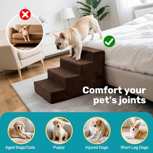 Dog Stairs for Bed, Extra Wide 4-Step Dog Steps for High Bed, High-Density Foam Pet Stairs with Non-Slip Removable Washable Cover for Small Pets, 18" H, Brown - Image 6