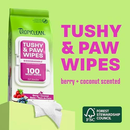 TropiClean Dog Wipes for Cleaning Paws & Tushy, Berry & Coconut Scent,100ct - Image 2
