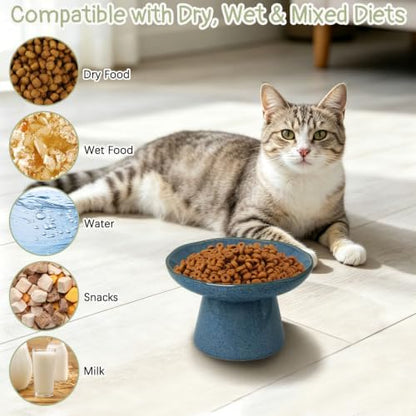 VCEPJH Elevated Cat Bowls 6.1in Shallow Cat Food Plate Pack of 2 Ceramic Raised Cats Dish Flat Anti Whisker Fatigue Wide Pet Food & Water Feeder for Indoor Kitty Kitten (Blue) - Image 4