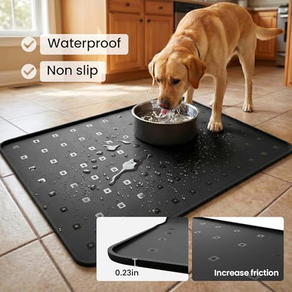 Silicone Pet Feeding Mat, 26x18 Inch Waterproof Dog Bowl Mat – Non-Slip, Machine Washable, Thin 0.23 Inch Edge for Messy Eaters, Protects Hardwood & Tile Floors, Black - Image 2