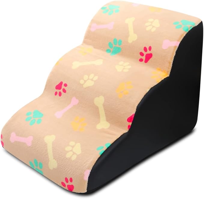 Pet Stairs, 3-Steps Dog Stairs, Removable and Washable Dog Stairs with Slope Steps and Non-Slip Bottom, Soft and Comfortable Dog Ramp(Light Brown-Bone)