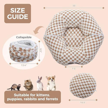 PEQULTI Brown Donut Cat Tunnel Bed Washable Plush Mat Multi for Small Pets - Image 2
