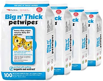 Petkin Pet Wipes for Dogs and Cats, 400 Wipes - Large Pet Wipes for Dogs and Cats - Cleans Ears, Face, Butt, Body and Eye Area - Convenient, Ideal for Home or Travel - 4 Packs of 100 Wipes by Petkin