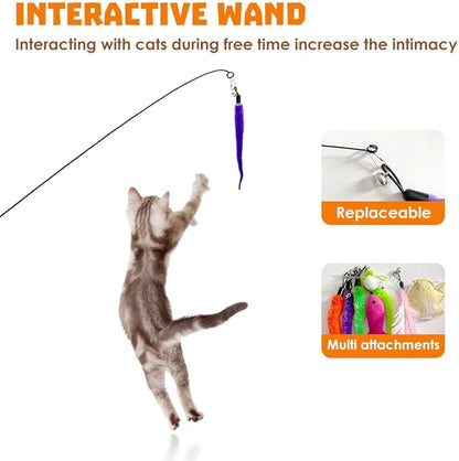 Interactive Cat Toys 8 Pcs, 1 Interactive Wand, 1 Cat Chew Ropes 7 Assorted Teaser Refills and 2 Indoor Hanging Catnip Toy Suitable for Bored Adult Cats and Kittens Play Chase Exercise