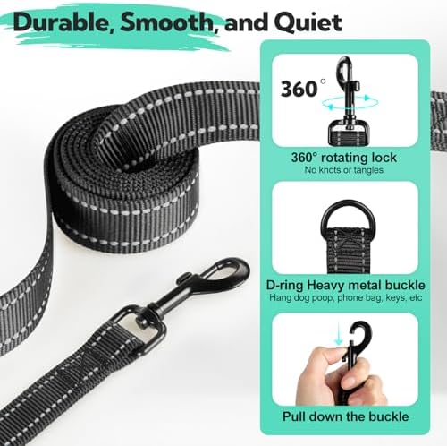 Double Handle Dog Leash 6FTX1IN, Heavy Duty Leash with Reflective, Black - Image 6