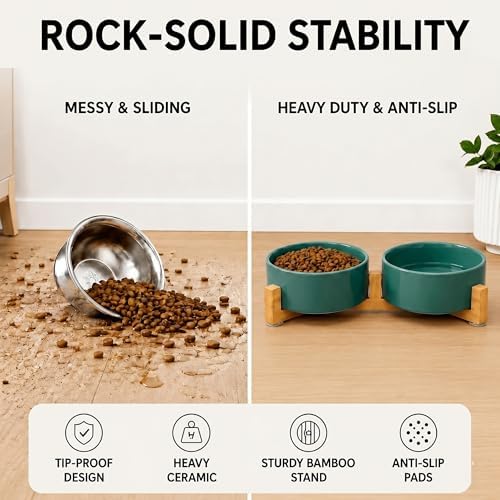 SPUNKYJUNKY Ceramic Dog and Cat Bowl Set with Wooden Stand, Modern Cute Weighted Food Water Set for Small Size Dogs (13.5OZ) & Medium Sized Dogs (28.7OZ) & Cats (1.7 Cups, 2 × Light Green) - Image 3