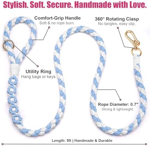 5FT Braided Cotton Rope Leash for Small, Medium and Large Dogs,Blue & White Color - Image 6