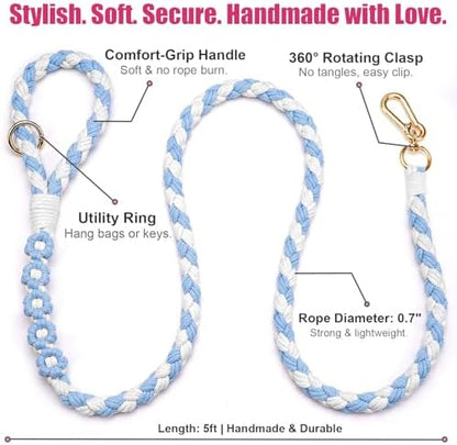 5FT Braided Cotton Rope Leash for Small, Medium and Large Dogs,Blue & White Color - Image 6