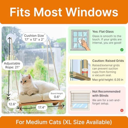 Cat Window Perch with Industrial-Grade Suction Cups - Solid Pine Wood Hammock Bed, Soft Cushion - 42 lb Capacity for Cats Inside - Image 3