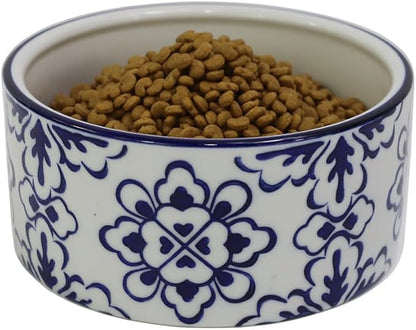 Ceramic 27 OZ Dog Bowls, Dog Food and Water Bowls Anti-Slip Dishes for Cats Small & Medium Sized Dogs Cats, Weighted Pet Bowls Vintage Blue and White,3.5 Cups