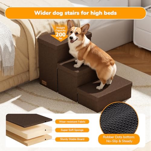 3-Step Wide Dog Stairs with Storage 18" H, Non-Slip Sturdy Pet Steps for High Bed Couch Window, Pet Stairs for Small/Medium/Large Old Dogs Cats Up to 200lbs, Cat Dog Steps for Car/SUV, Coffee - Image 6