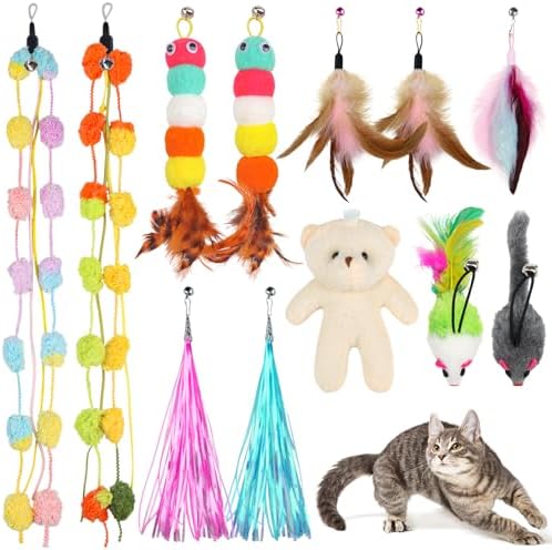 QUOZUO Cat Feather Wand Replacement - 12 PCS Toy Refills and Attachments for Cat Toys by QUOZUO