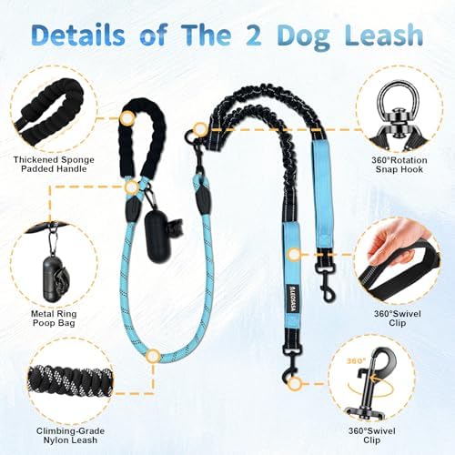 Double Dogs Leash - Removable Main Lead Rope with Splitter, No Tangle 2 Dog Coupler, Reflective No Pull Bungee, 3 Handle, D-Ring, Extra Long for Walk Train Medium Large Two Pet (Blue) - Image 3
