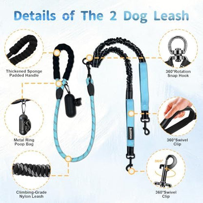 Double Dogs Leash - Removable Main Lead Rope with Splitter, No Tangle 2 Dog Coupler, Reflective No Pull Bungee, 3 Handle, D-Ring, Extra Long for Walk Train Medium Large Two Pet (Blue) - Image 3