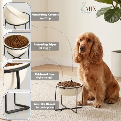 Ceramic Elevated Dog Food Bowl - Heavyweight Feeding Bowl with Metal Stand - Raised Pet Dish for Medium and Larges Dogs - 5.8 Cups - 47.3 oz - Beige - Image 4