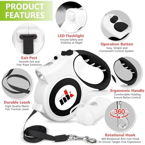 Retractable Dog Leash with LED Light Makife 5m Extendable Dog Lead for Small Medium Puppis up to 25kgs, One-Hand Brake & Lock System, Ergonomic Handle (White) - Image 3