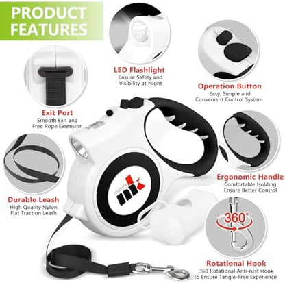 Retractable Dog Leash with LED Light Makife 5m Extendable Dog Lead for Small Medium Puppis up to 25kgs, One-Hand Brake & Lock System, Ergonomic Handle (White) - Image 3