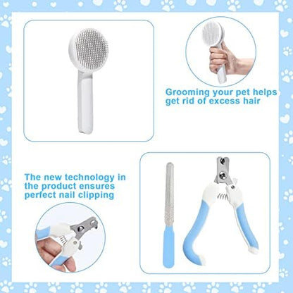 VCZONE 8 Pcs Cat Brush Grooming Kits, Pet Self Cleaning Kit with Pet Nail Clipper and File, Flea Comb, Pet Shampoo Bath Brush, Pet Shedding Brush, Silicone Toothbrush (Blue) - Image 4