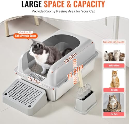 VEVOR Stainless Steel Cat Litter with Lid, XL Extra Large Enclosed Cat Litter Box for Big Cats, High Sides Metal Litter Box, Anti Leakage,Odor-Free & Easy Cleaning,Include Scoop & Foot Board - Image 6