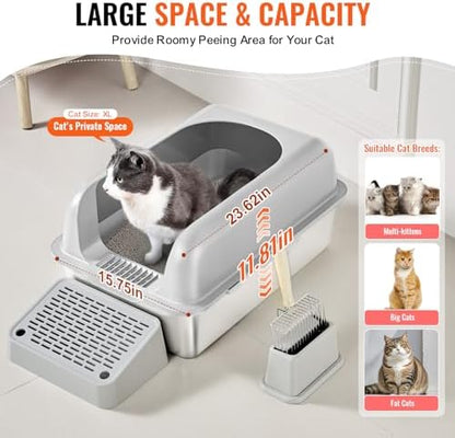 VEVOR Stainless Steel Cat Litter with Lid, XL Extra Large Enclosed Cat Litter Box for Big Cats, High Sides Metal Litter Box, Anti Leakage,Odor-Free & Easy Cleaning,Include Scoop & Foot Board - Image 6