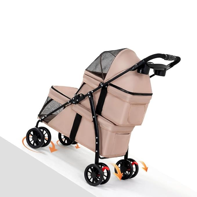 YYW Double Pet Stroller for Dogs and Cats, One-Hand Foldable Dog Stroller with Cup Holder